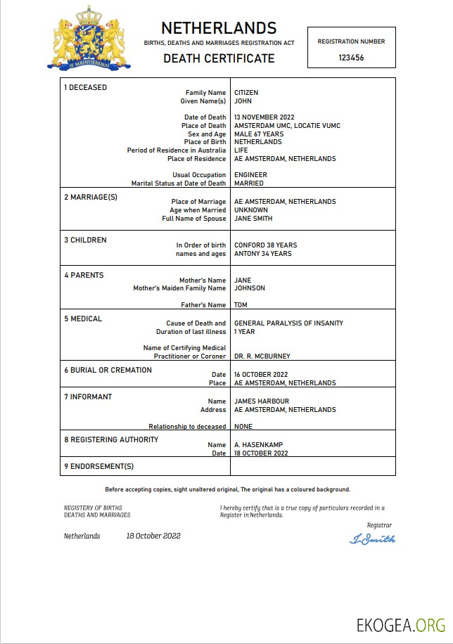 Modèle Word et PDF de certificat de décès de l'état civil des Pays Bas